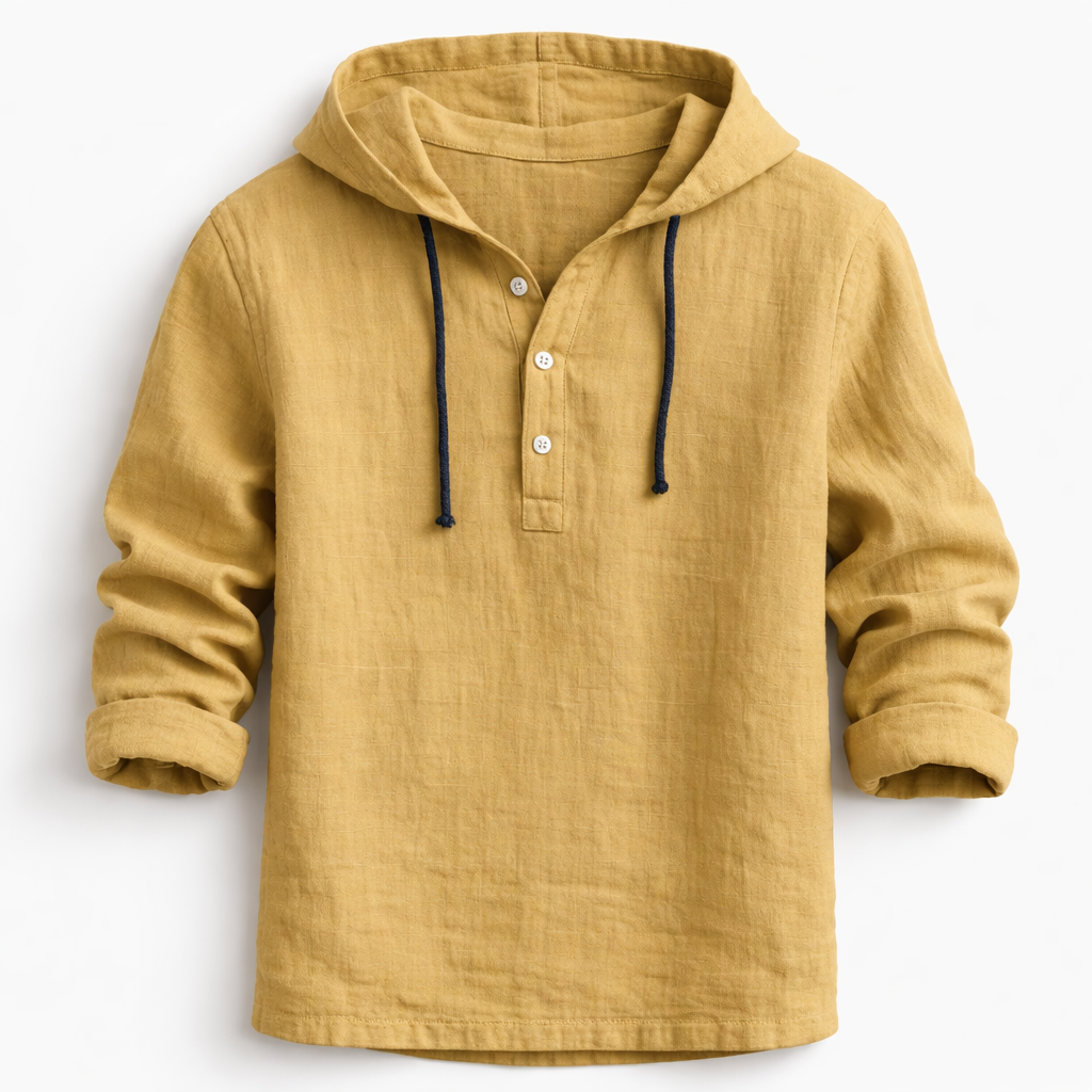 Men’s Hooded Henley Shirt Casual Long Sleeve Pullover Top