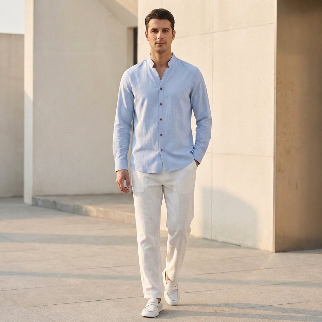 Arthur Relaxed Fit Shirt | Band Collar Long Sleeve Shirt
