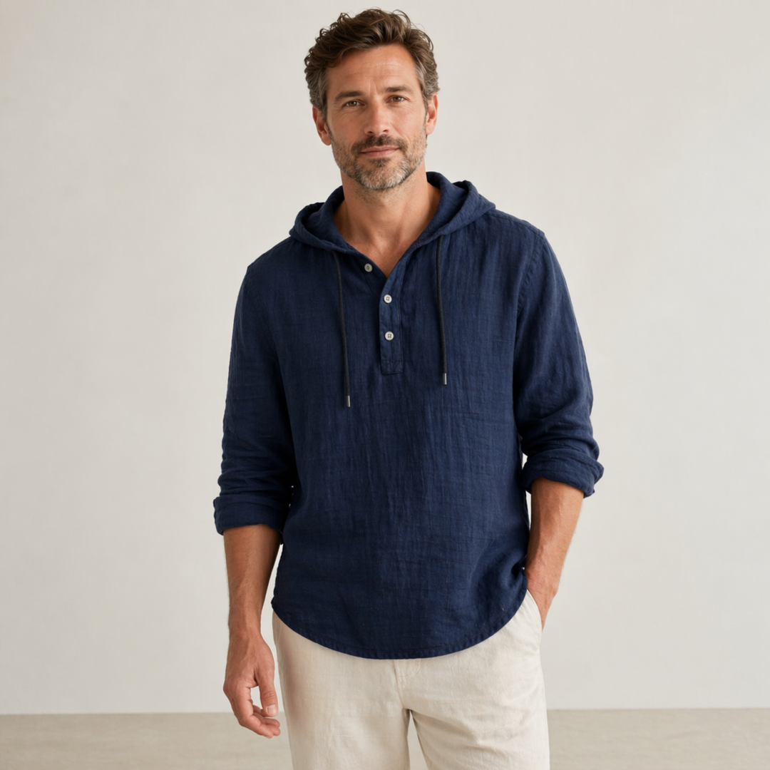 Men’s Hooded Henley Shirt Casual Long Sleeve Pullover Top
