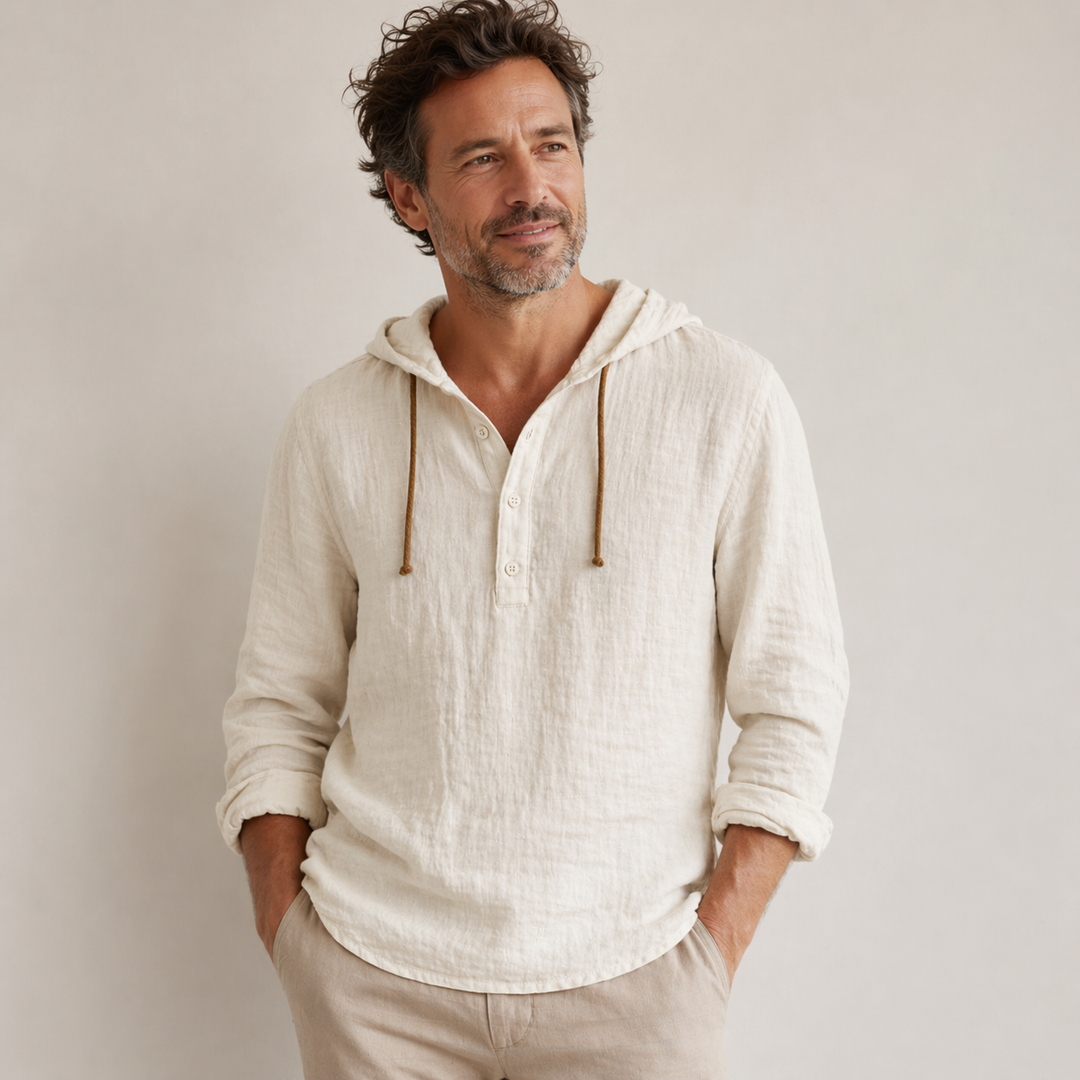 Men’s Hooded Henley Shirt Casual Long Sleeve Pullover Top