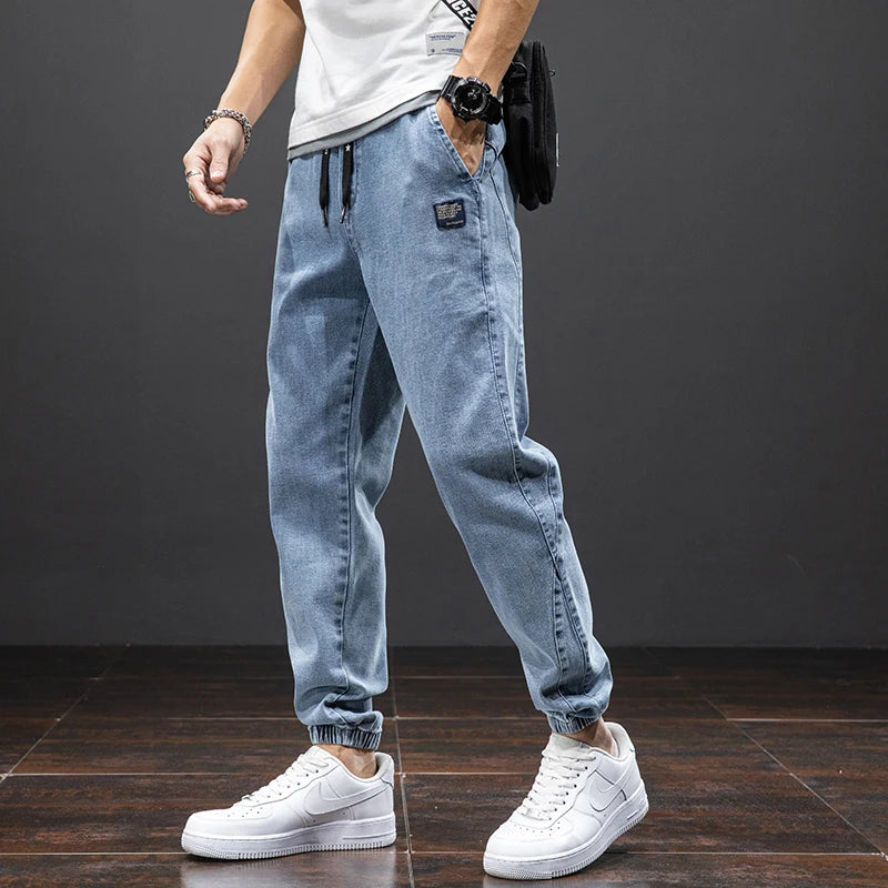 Men’s Denim Jogger Pants Drawstring Elastic Waist Casual Tapered Jeans