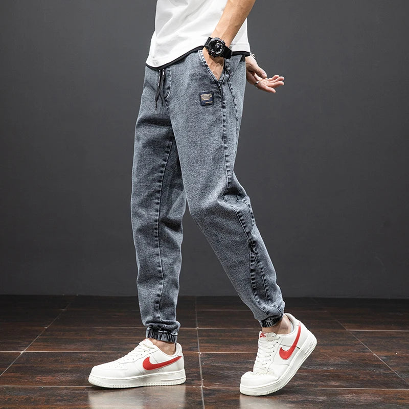 Men’s Denim Jogger Pants Drawstring Elastic Waist Casual Tapered Jeans