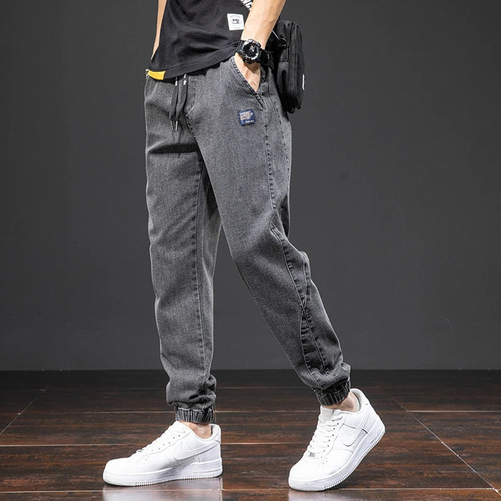 Men’s Denim Jogger Pants Drawstring Elastic Waist Casual Tapered Jeans