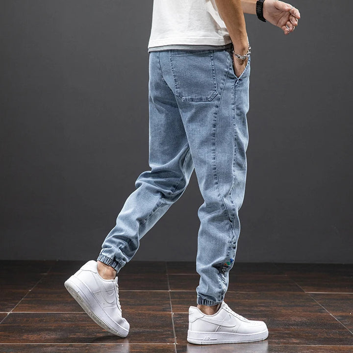 Men’s Denim Jogger Pants Drawstring Elastic Waist Casual Tapered Jeans