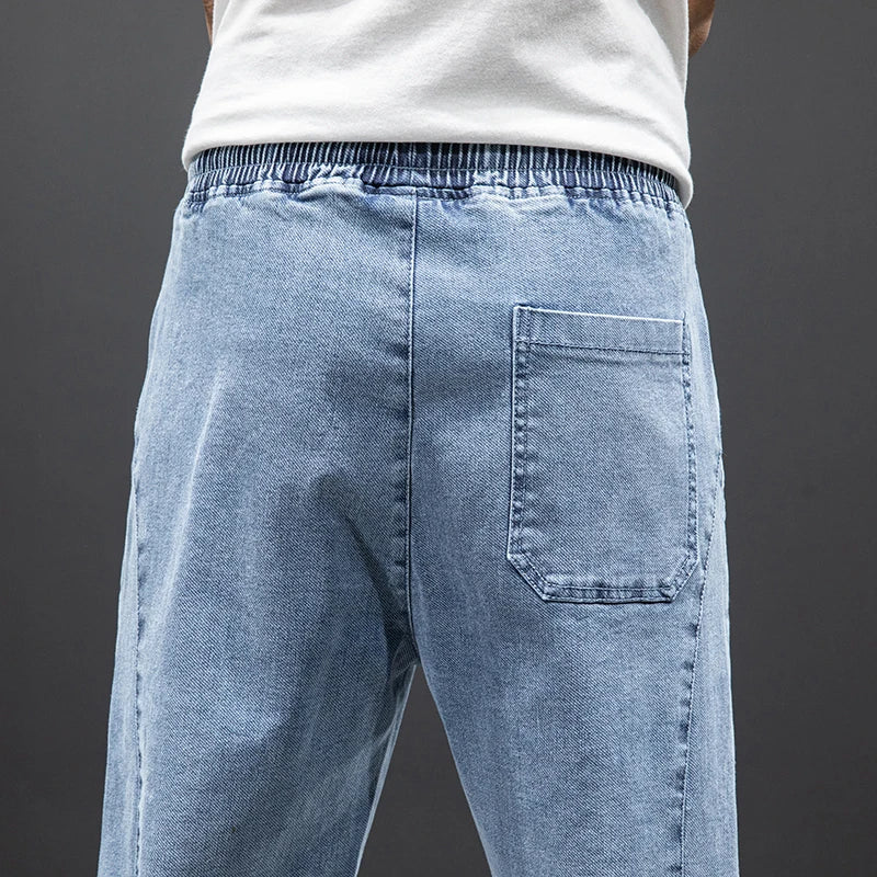 Men’s Denim Jogger Pants Drawstring Elastic Waist Casual Tapered Jeans