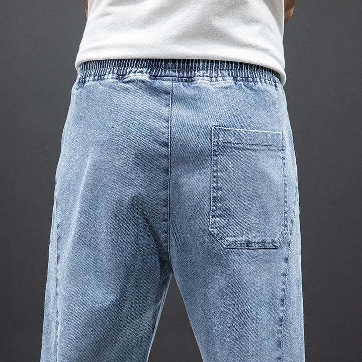 Men’s Denim Jogger Pants Drawstring Elastic Waist Casual Tapered Jeans
