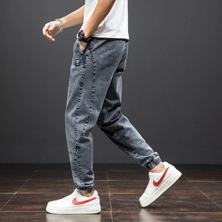 Men’s Denim Jogger Pants Drawstring Elastic Waist Casual Tapered Jeans