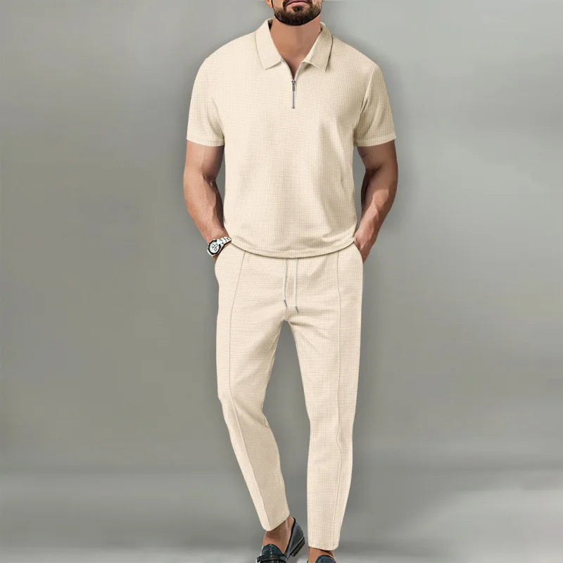 Men’s Polo Shirt and Trousers Set Casual Short Sleeve Two Piece Outfit