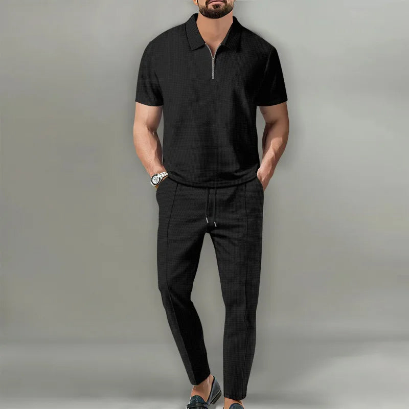 Men’s Polo Shirt and Trousers Set Casual Short Sleeve Two Piece Outfit