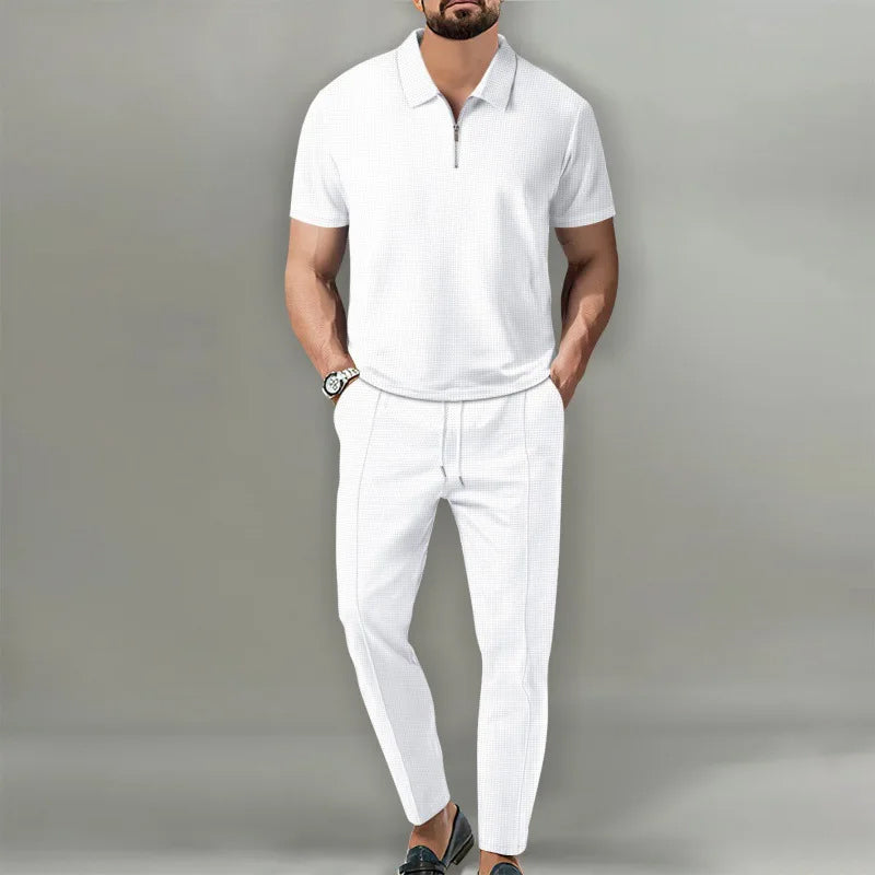 Men’s Polo Shirt and Trousers Set Casual Short Sleeve Two Piece Outfit