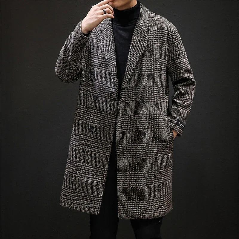 Men’s Double-Breasted Wool Overcoat – Houndstooth Pattern &amp; Timeless Winter Elegance