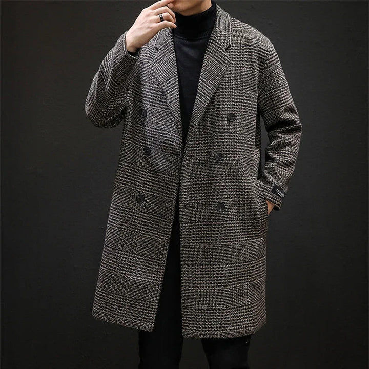 Men’s Double-Breasted Wool Overcoat – Houndstooth Pattern &amp; Timeless Winter Elegance