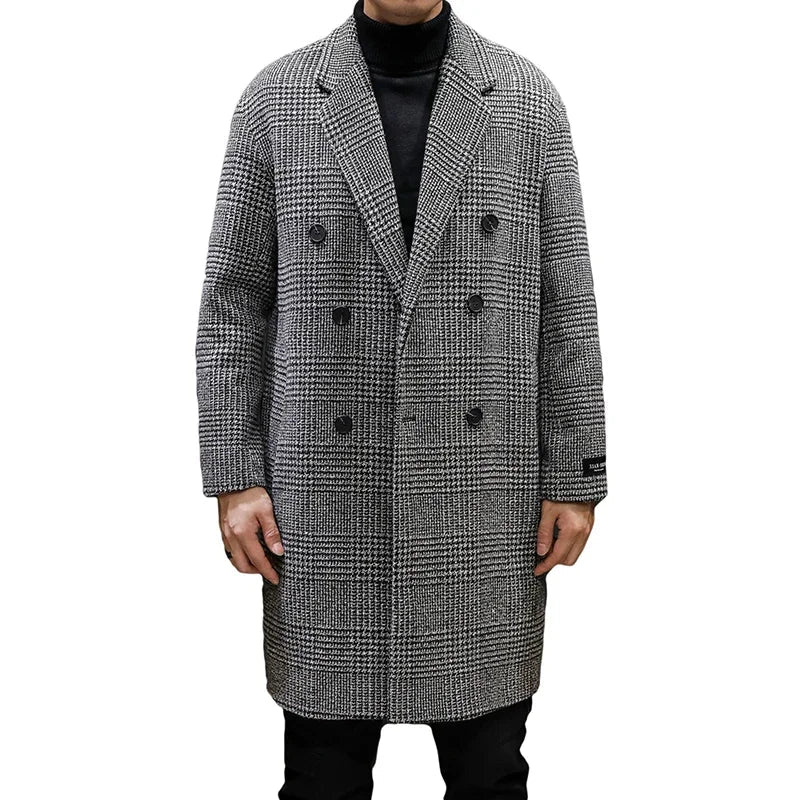 Men’s Double-Breasted Wool Overcoat – Houndstooth Pattern &amp; Timeless Winter Elegance