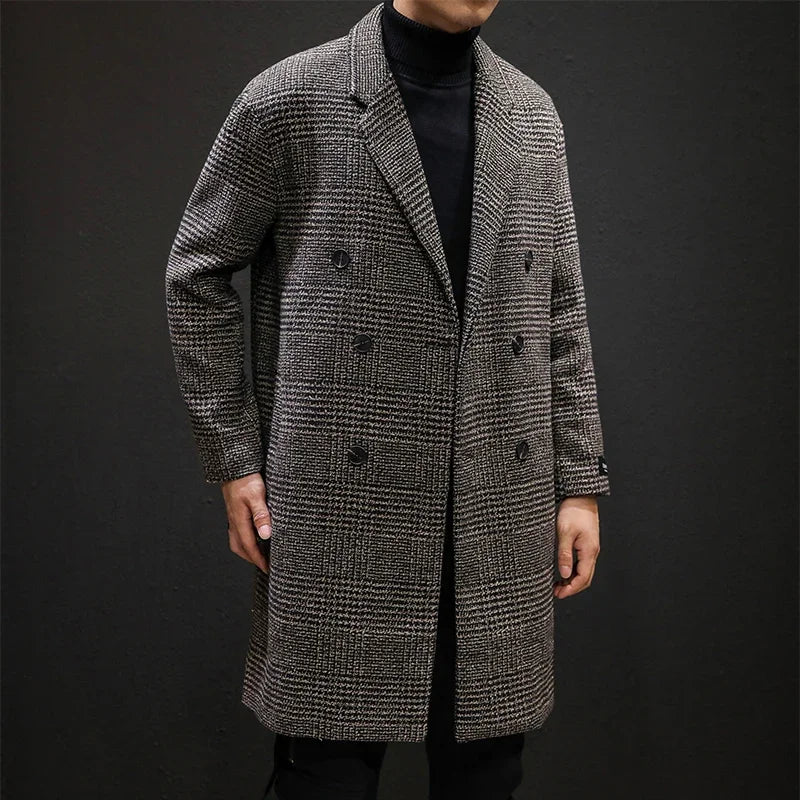 Men’s Double-Breasted Wool Overcoat – Houndstooth Pattern &amp; Timeless Winter Elegance