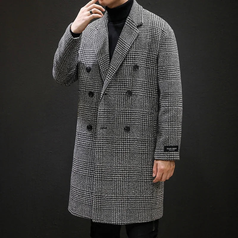 Men’s Double-Breasted Wool Overcoat – Houndstooth Pattern &amp; Timeless Winter Elegance