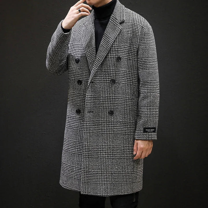 Men’s Double-Breasted Wool Overcoat – Houndstooth Pattern &amp; Timeless Winter Elegance