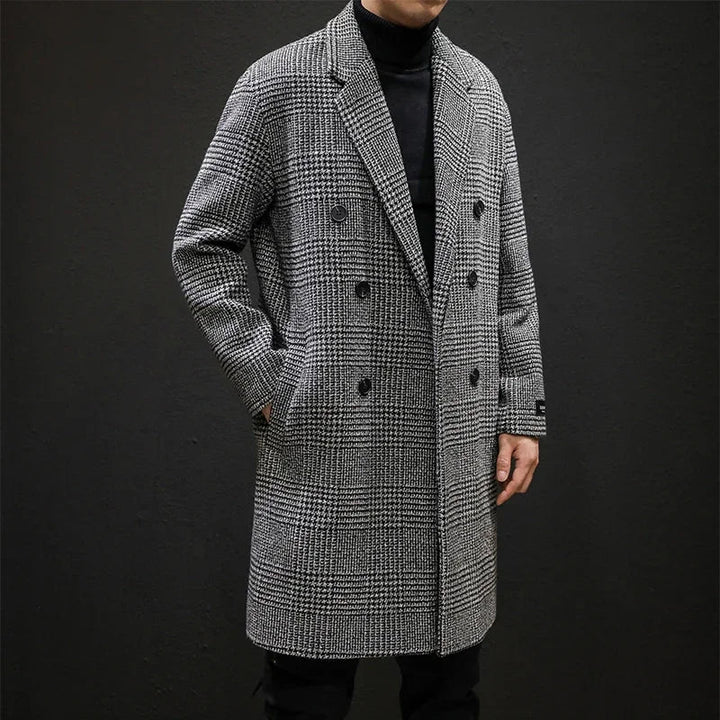 Men’s Double-Breasted Wool Overcoat – Houndstooth Pattern &amp; Timeless Winter Elegance