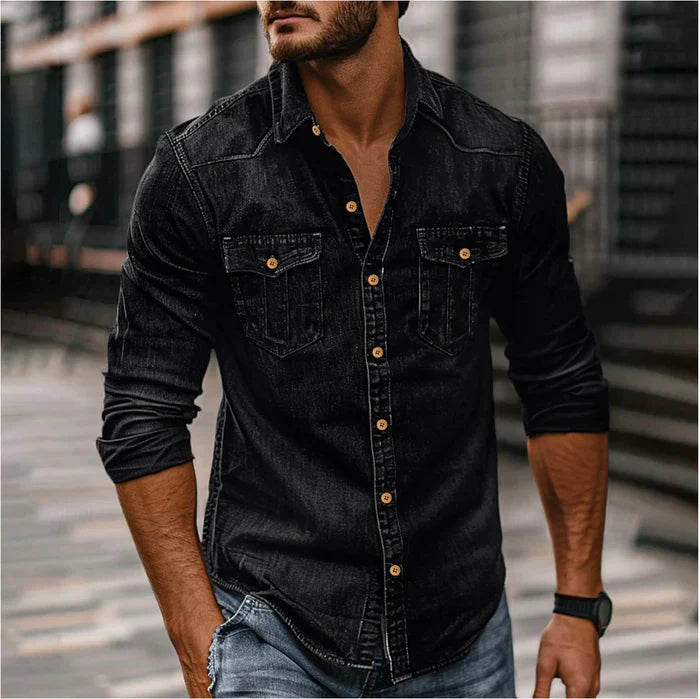 Men’s Denim Western Shirt – Classic Long-Sleeve Cowboy Style Casual Shirt