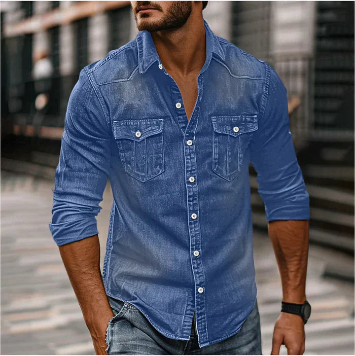 Men’s Denim Western Shirt – Classic Long-Sleeve Cowboy Style Casual Shirt