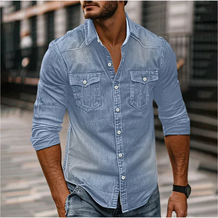 Men’s Denim Western Shirt – Classic Long-Sleeve Cowboy Style Casual Shirt