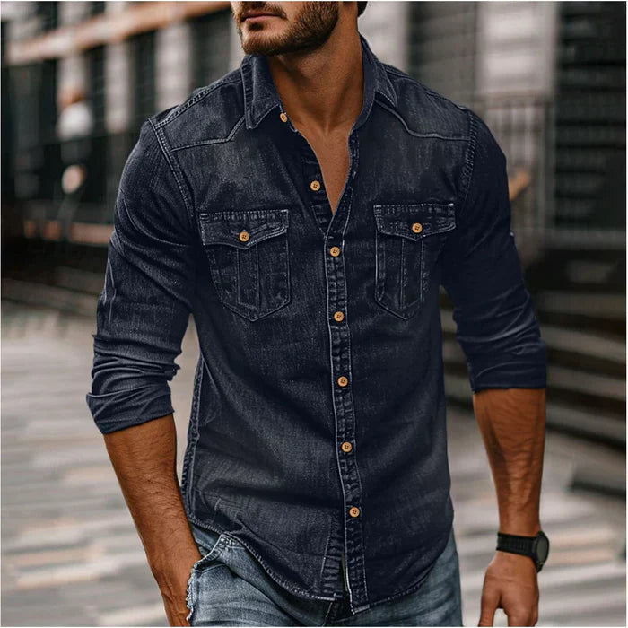 Men’s Denim Western Shirt – Classic Long-Sleeve Cowboy Style Casual Shirt