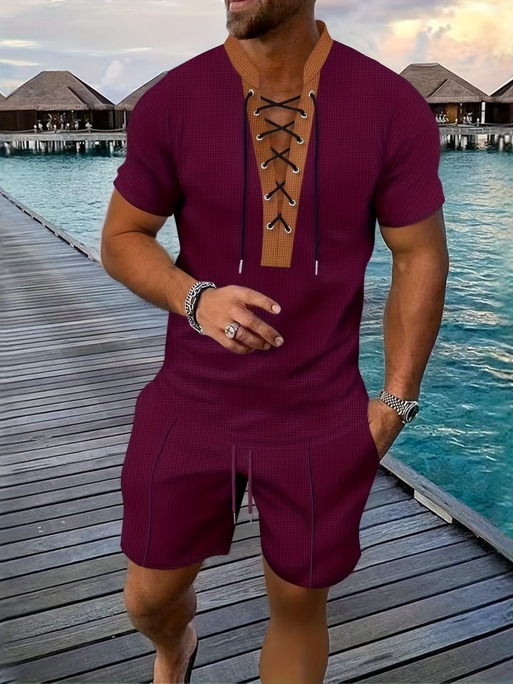 Men’s Lace Up V Neck Shirt and Shorts Set Casual Two Piece Summer Outfit