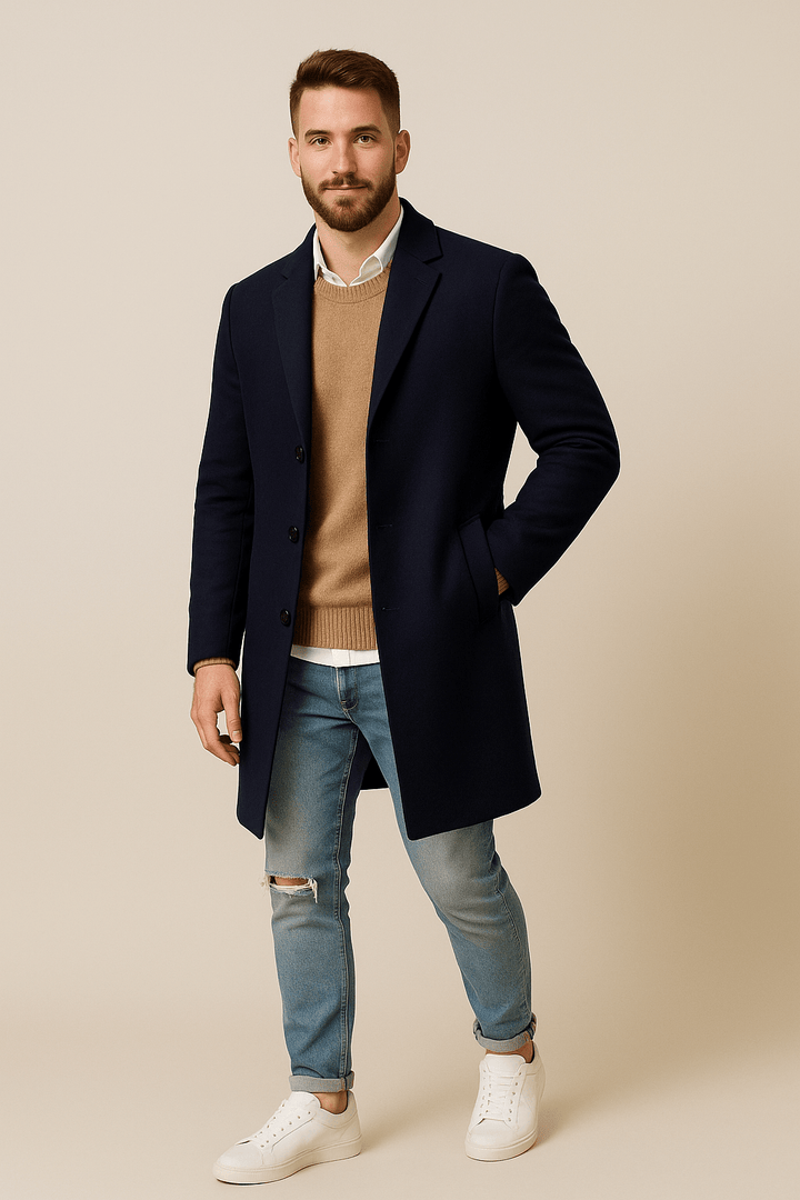 Men’s Premium Wool-Blend Overcoat – Classic Black Smart Winter Coat