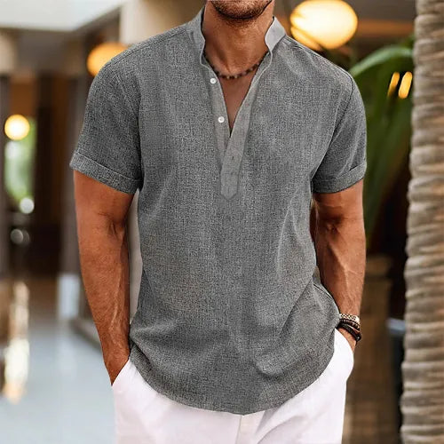 Men’s Notch Neck Shirt Casual Short Sleeve Summer Beach Top