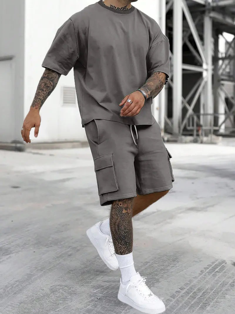 Men’s Casual Cargo Shorts Set Loose Fit Streetwear Outfit