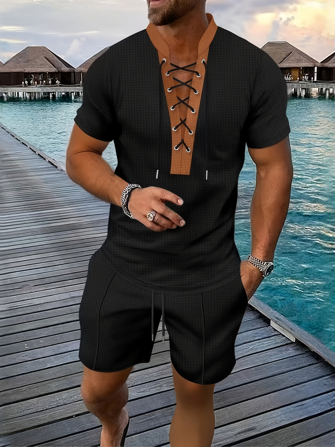 Men’s Lace Up V Neck Shirt and Shorts Set Casual Two Piece Summer Outfit