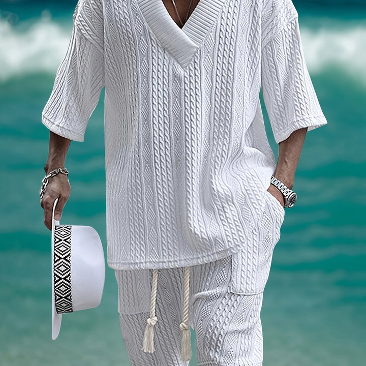 Men’s V Neck Shirt and Shorts Set Casual Two Piece Summer Outfit
