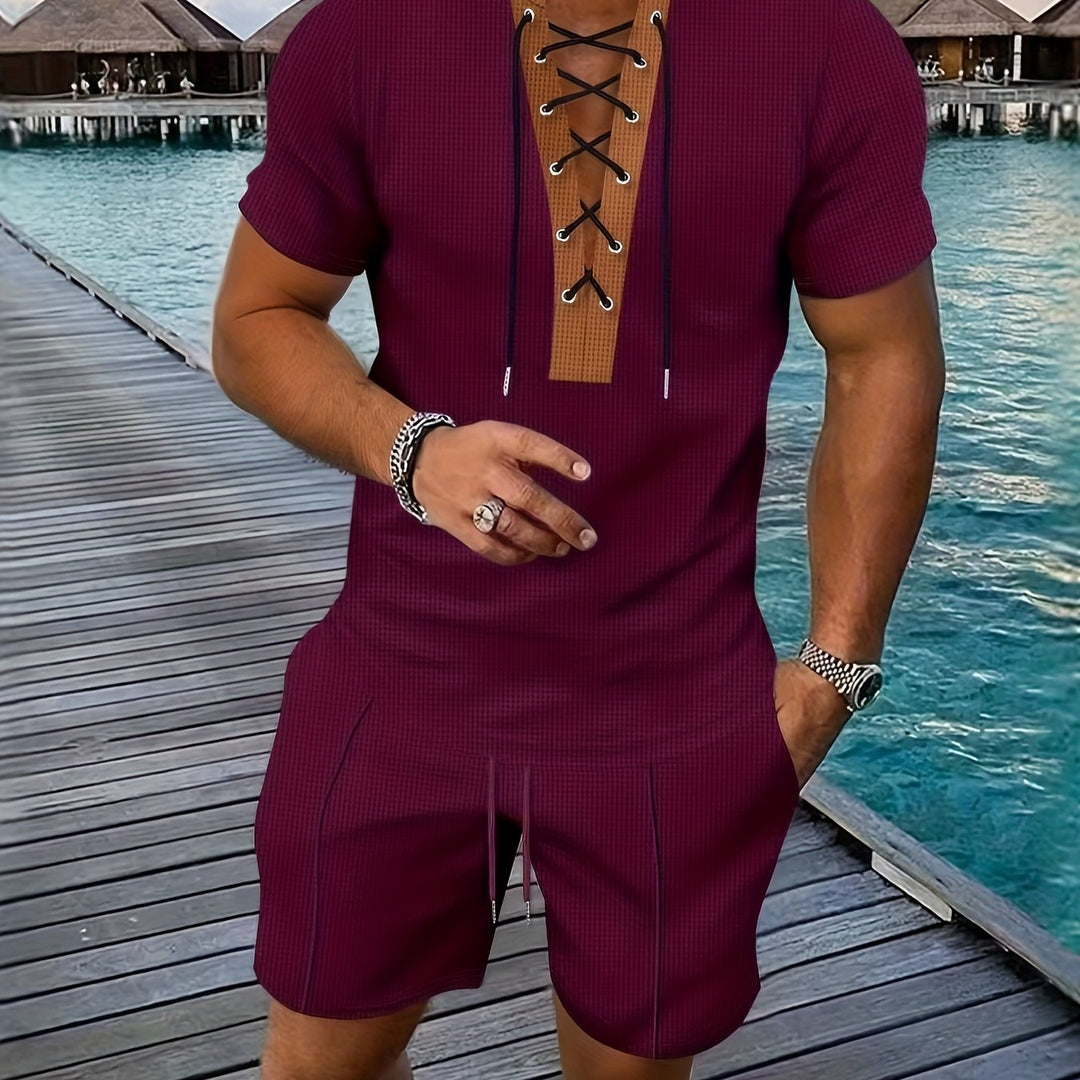 Men’s Lace Up V Neck Shirt and Shorts Set Casual Two Piece Summer Outfit