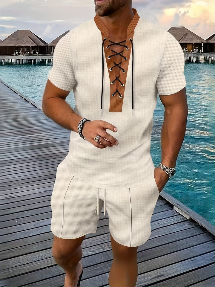 Men’s Lace Up V Neck Shirt and Shorts Set Casual Two Piece Summer Outfit