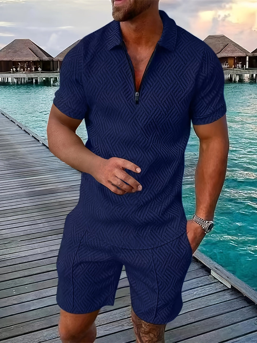Men’s Polo Shirt and Shorts Set Casual Zip Neck Two Piece Summer Outfit