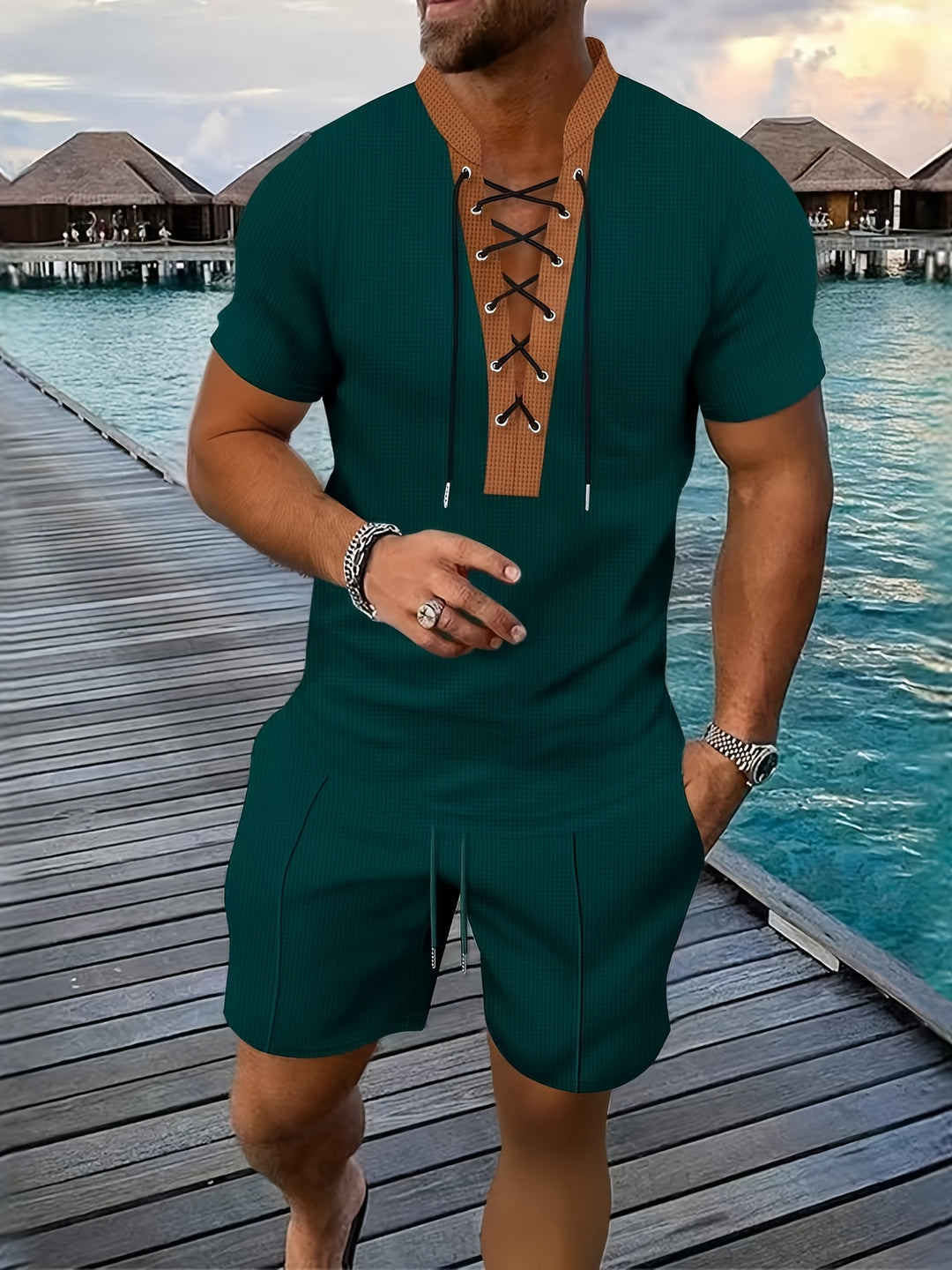 Men’s Lace Up V Neck Shirt and Shorts Set Casual Two Piece Summer Outfit