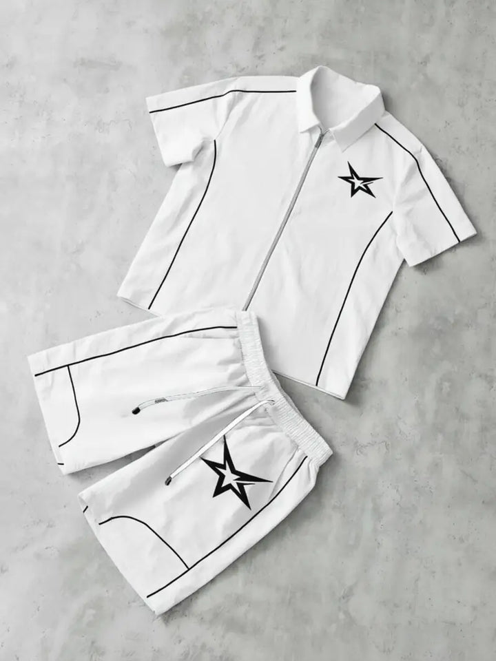 Stars Pattern Casual Set, Short Sleeve Zipper Shirt + Shorts, Breathable Comfort Trendy Star Print Design