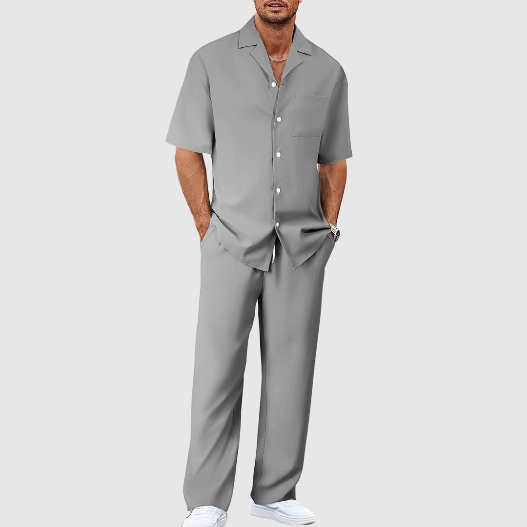 Men’s Short Sleeve Shirt and Trousers Set Casual Two Piece Outfit