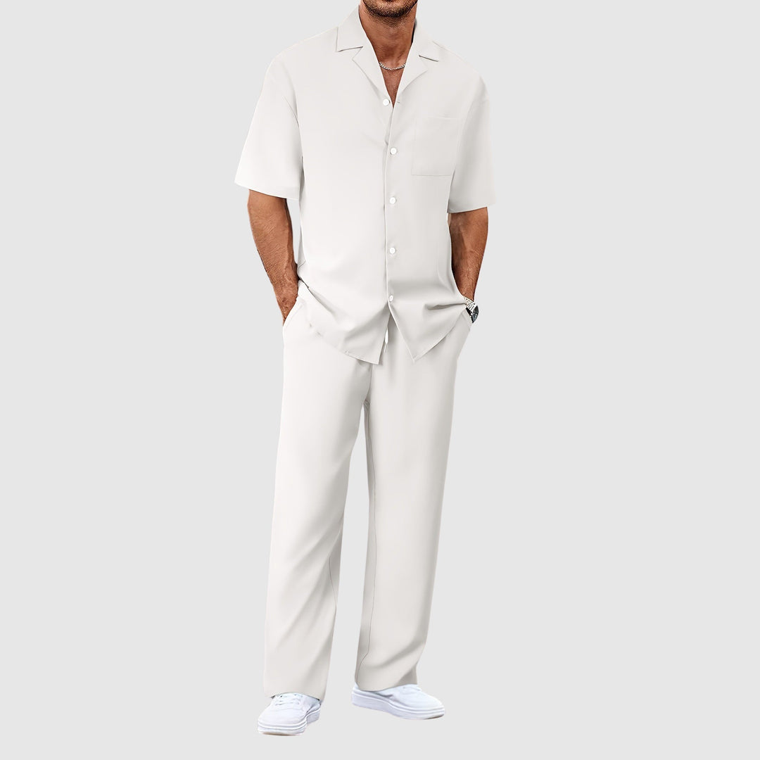Men’s Short Sleeve Shirt and Trousers Set Casual Two Piece Outfit