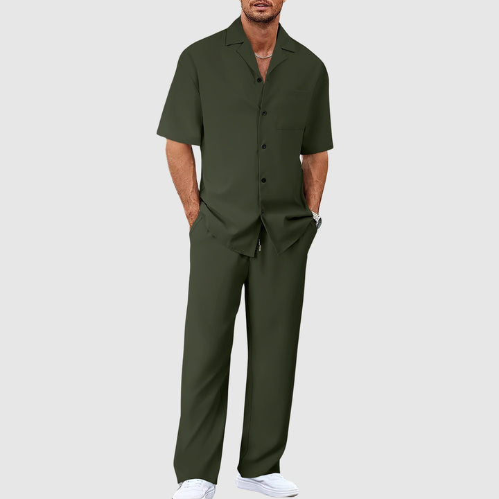 Men’s Short Sleeve Shirt and Trousers Set Casual Two Piece Outfit