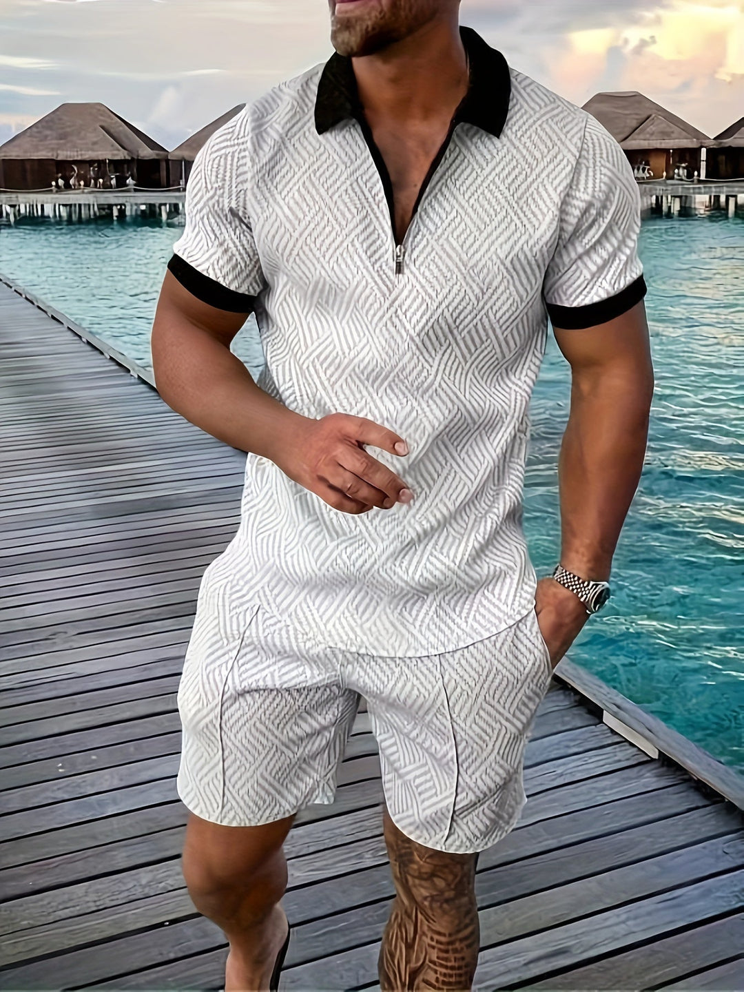 Men’s Polo Shirt and Shorts Set Casual Zip Neck Two Piece Summer Outfit