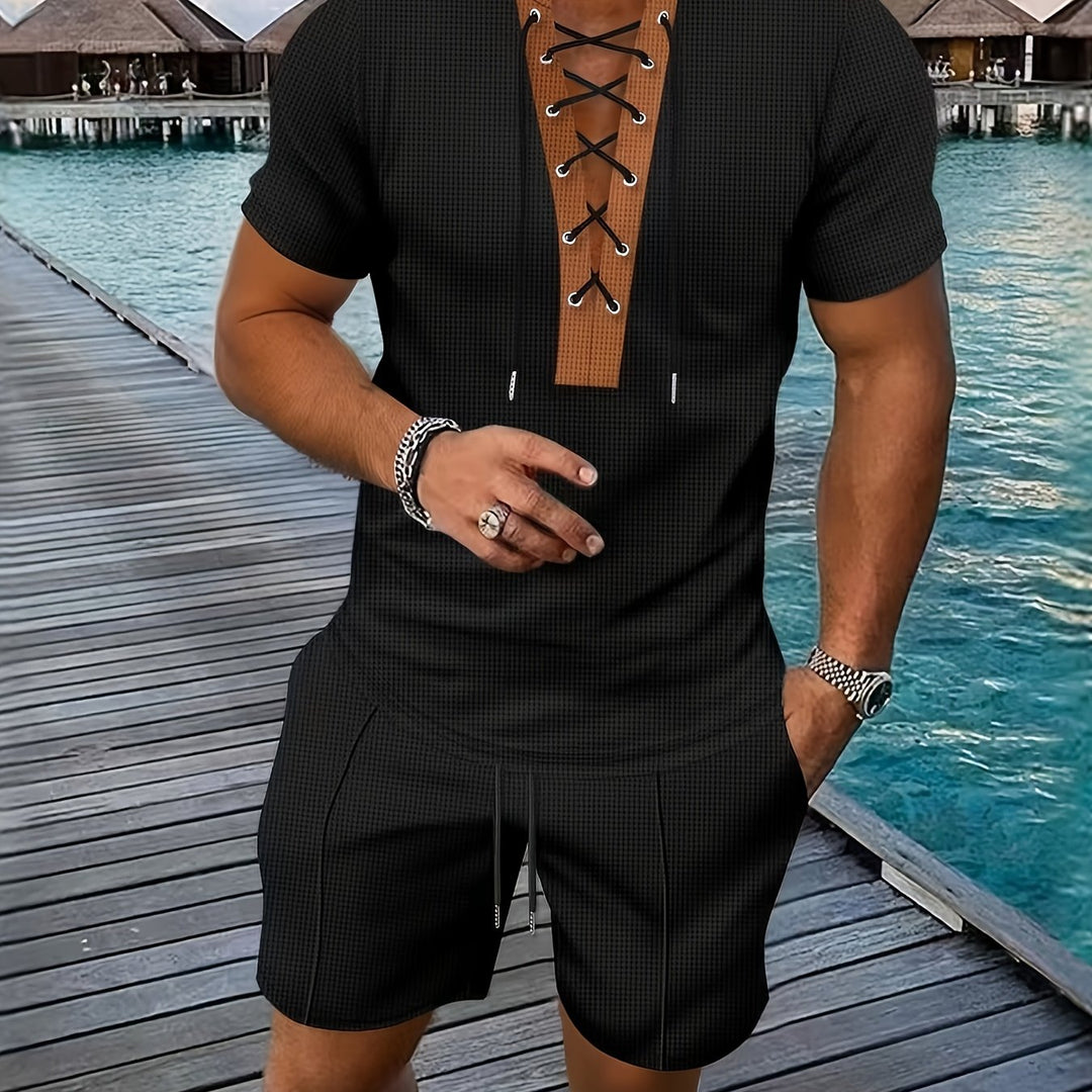 Men’s Lace Up V Neck Shirt and Shorts Set Casual Two Piece Summer Outfit