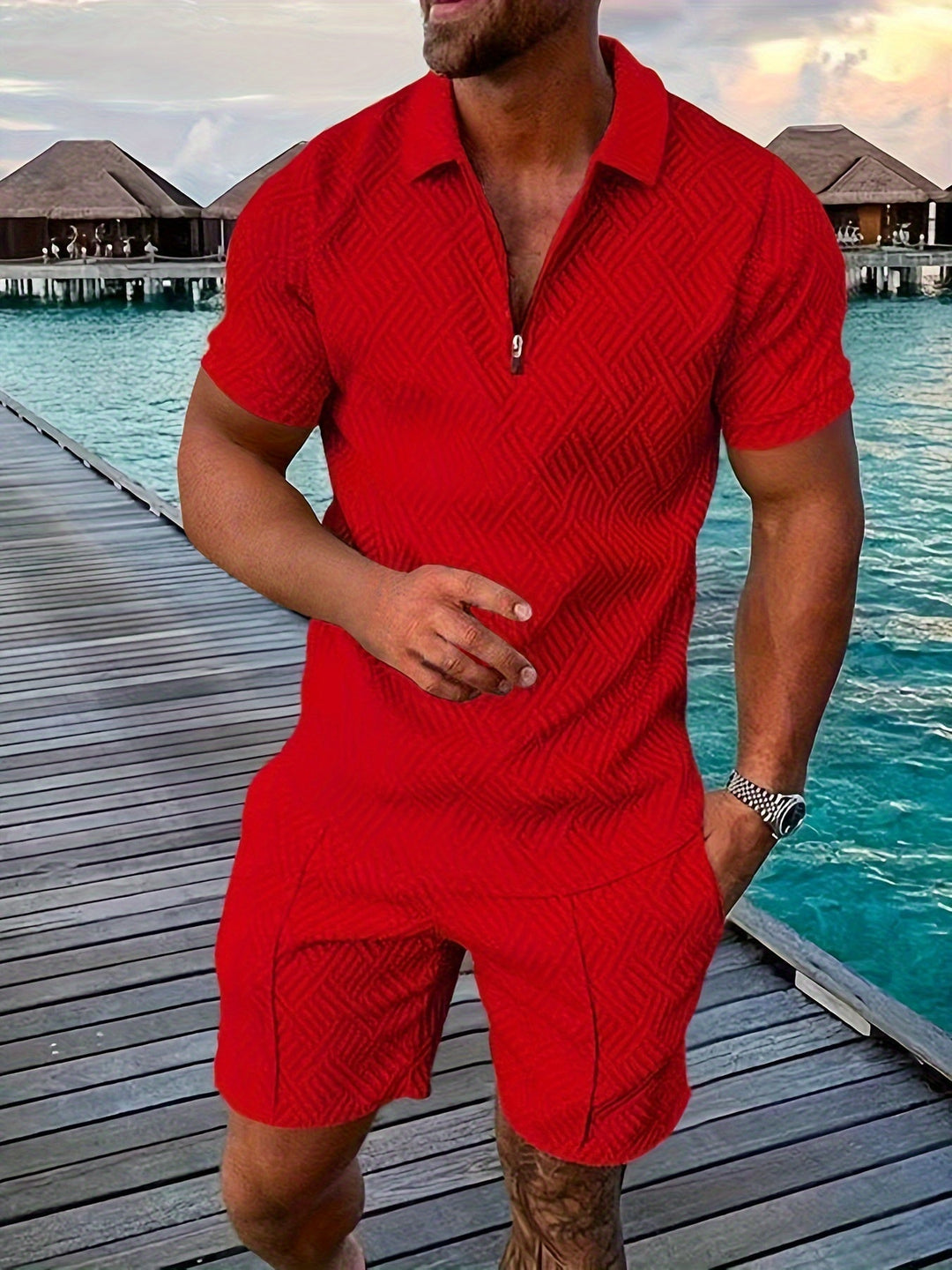 Men’s Polo Shirt and Shorts Set Casual Zip Neck Two Piece Summer Outfit