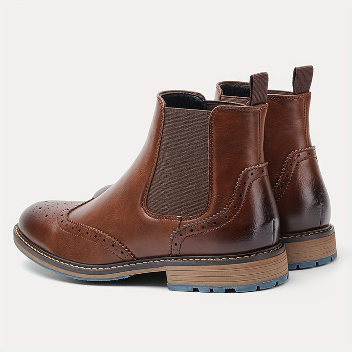 Men’s Wingtip Brogue Chelsea Boots – High-Top Slip-On Design Anti Slip Under Sole