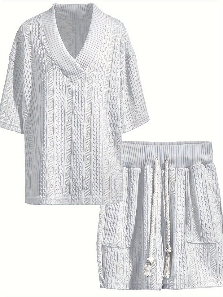 Men’s V Neck Shirt and Shorts Set Casual Two Piece Summer Outfit