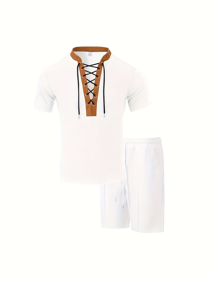 Men’s Lace Up V Neck Shirt and Shorts Set Casual Two Piece Summer Outfit