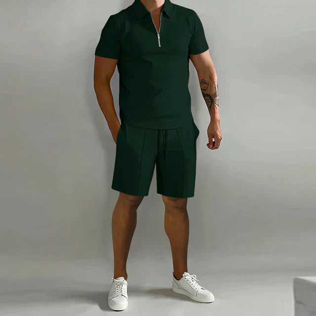 Men’s Polo Shirt and Shorts Set Casual Zip Neck Two Piece Outfit