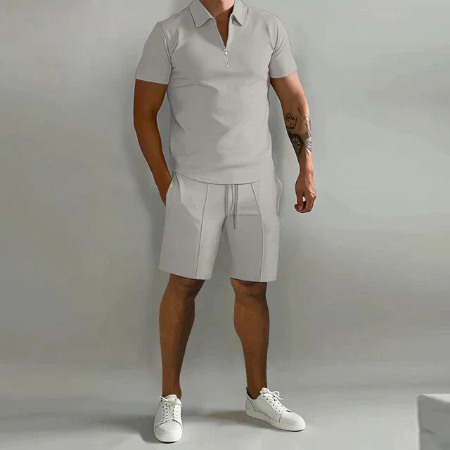 Men’s Polo Shirt and Shorts Set Casual Zip Neck Two Piece Outfit