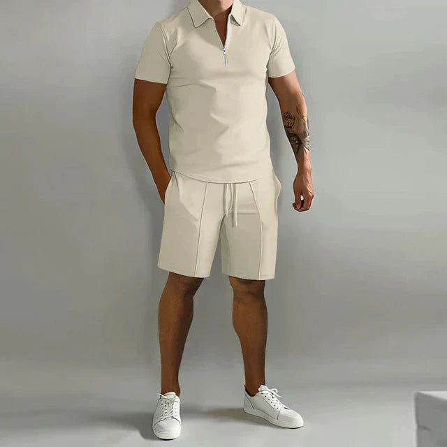 Men’s Polo Shirt and Shorts Set Casual Zip Neck Two Piece Outfit