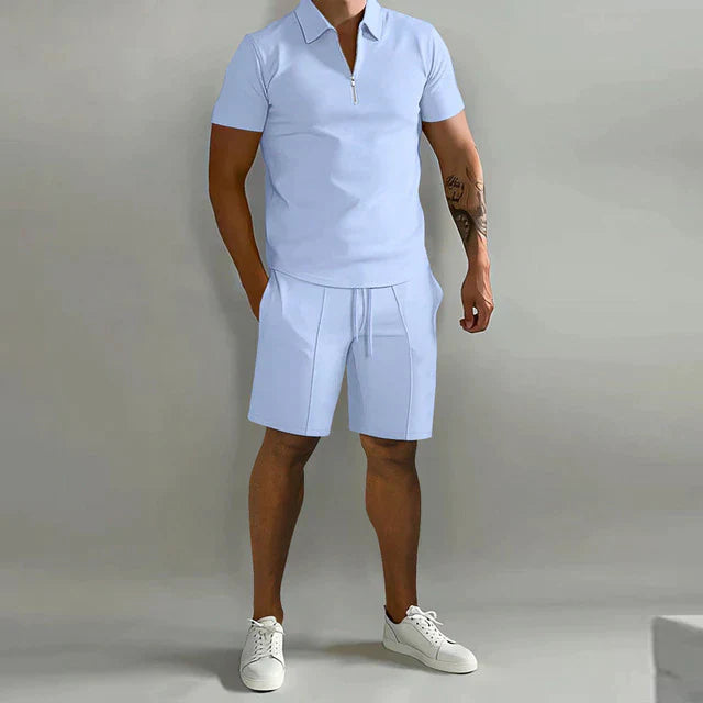 Men’s Polo Shirt and Shorts Set Casual Zip Neck Two Piece Outfit