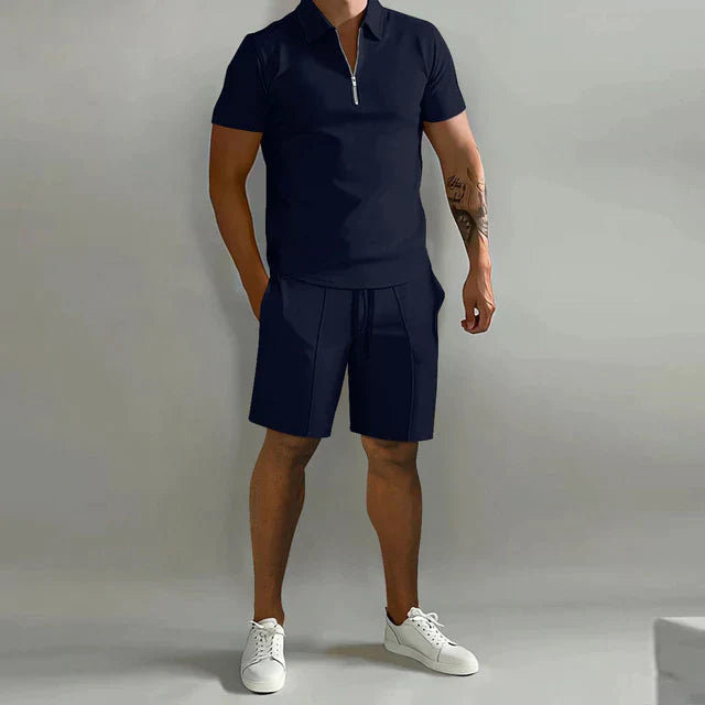 Men’s Polo Shirt and Shorts Set Casual Zip Neck Two Piece Outfit